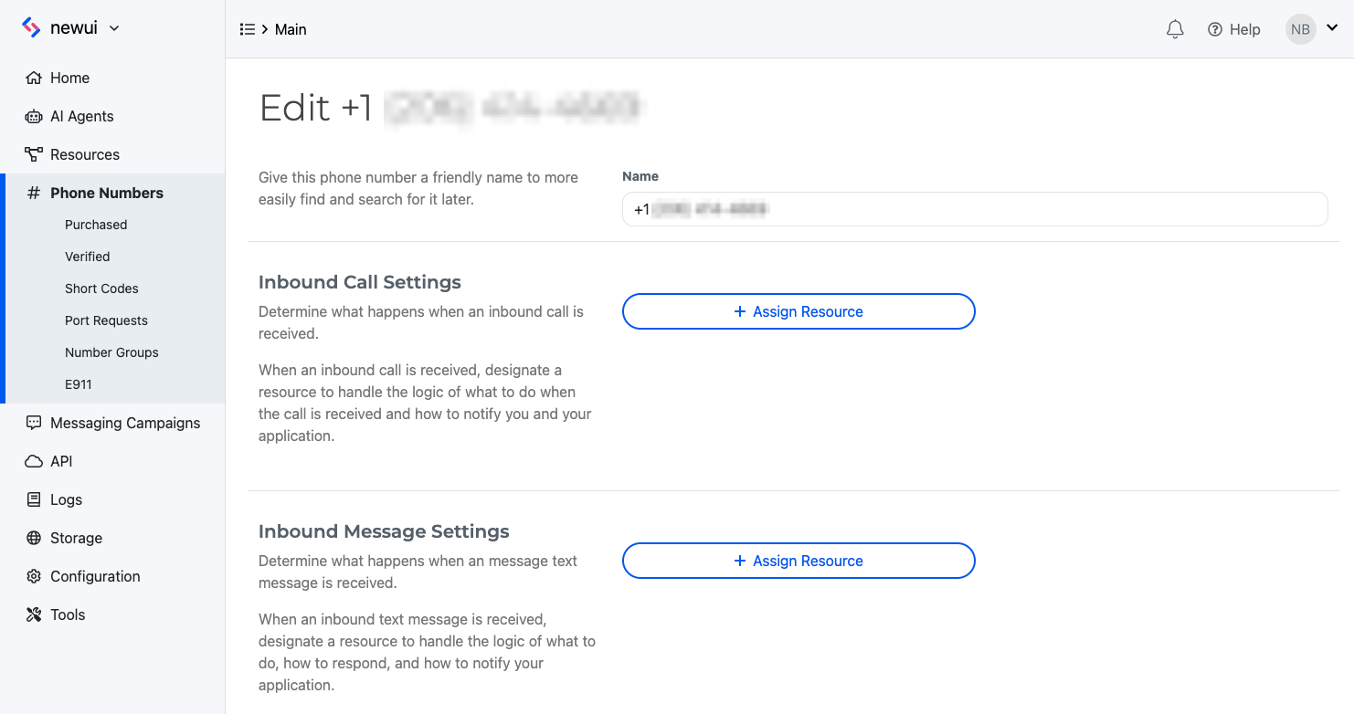 Phone number settings page showing the Assign Resource button for inbound
calls.
