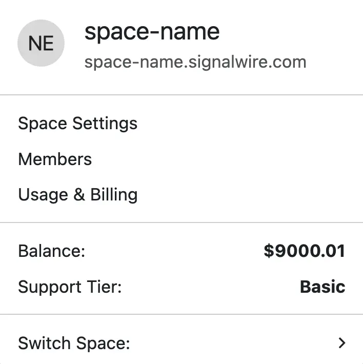 The left drop-down menu for your SignalWire Space.